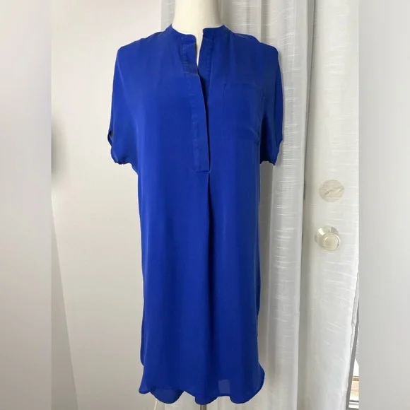 Vince 100% Silk Royal Blue Short Sleeve Shirt dress Size XS - Picture 2 of 8